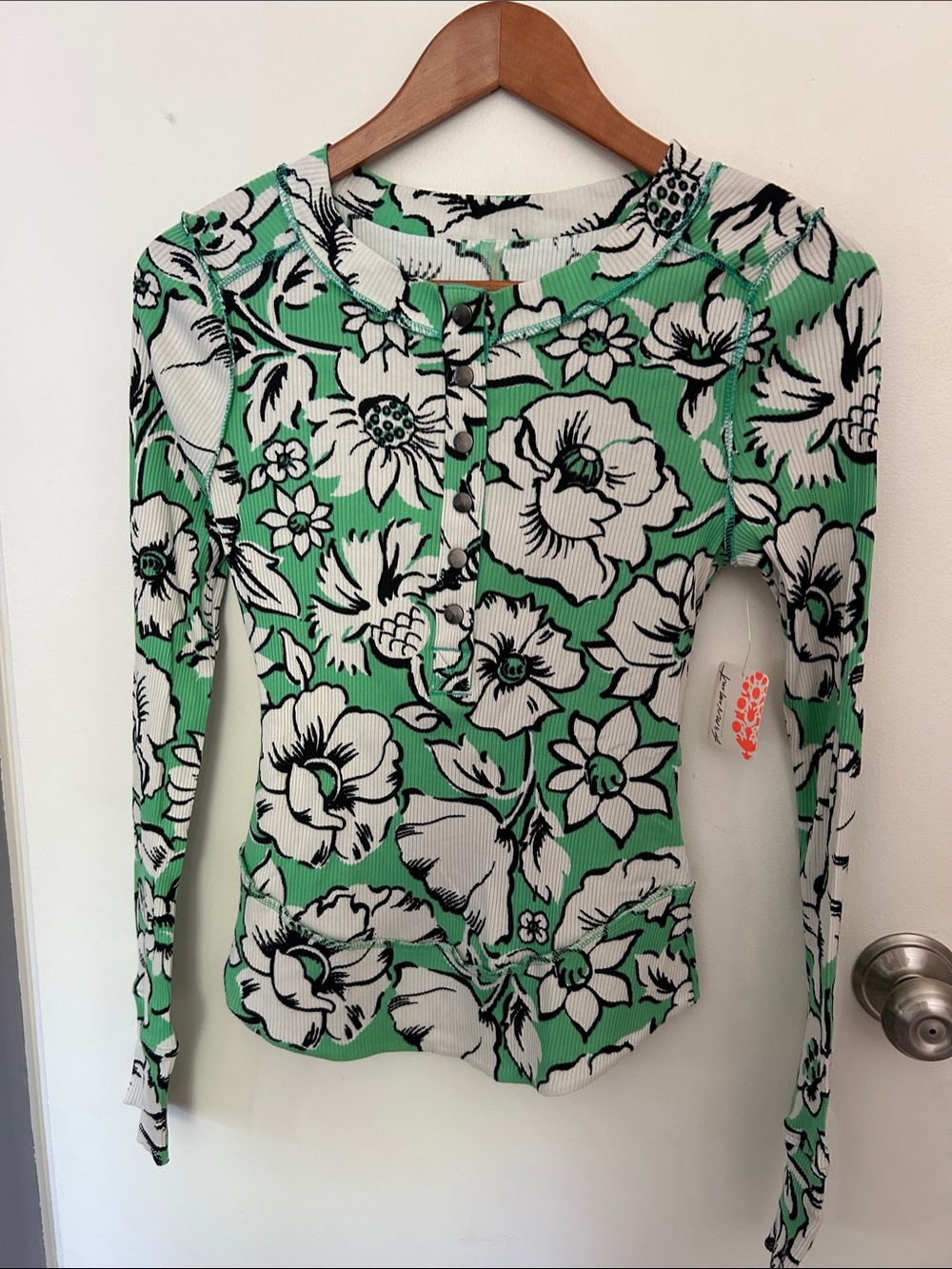 Free People Green Floral Ribbed Long-Sleeve Top with Button Front